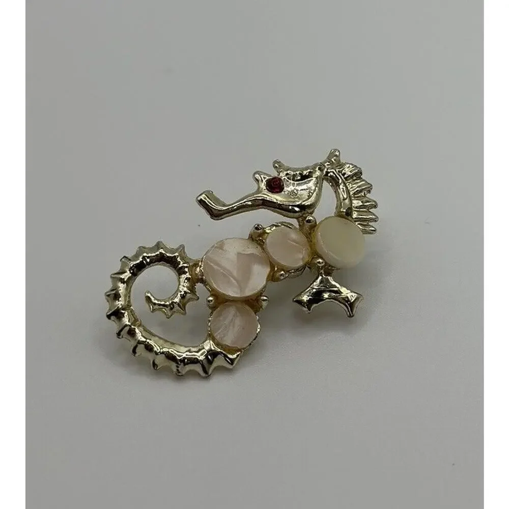 Vintage Gold Tone‎ Seahorse With Mother Of Pearl Discs Brooch /Pin Nautical